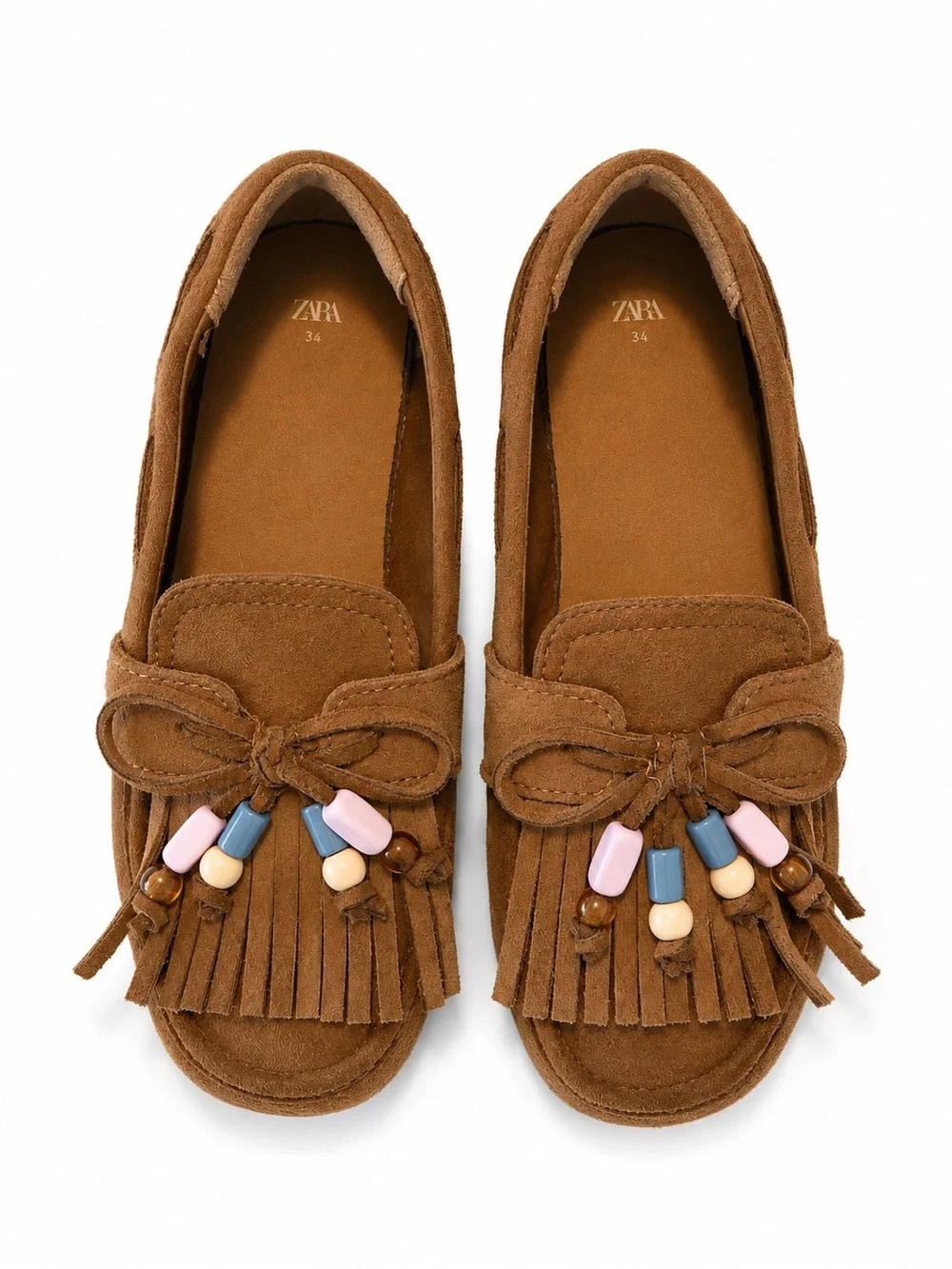 ZARA Girl’s Brown Tassel Moccasins with Multicolor Beads